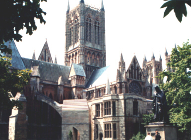 Lincoln Cathedral, with statue of the poet Alfred Tennyson